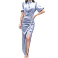 thumbnail image 1 of ZHUGeLI Womens Summer Dresses Women's Round Neck Short Sleeved Hem Slit Tight Long Dress Belted Ruffle Hem A-Line Flowy Midi Dresses, 1 of 5