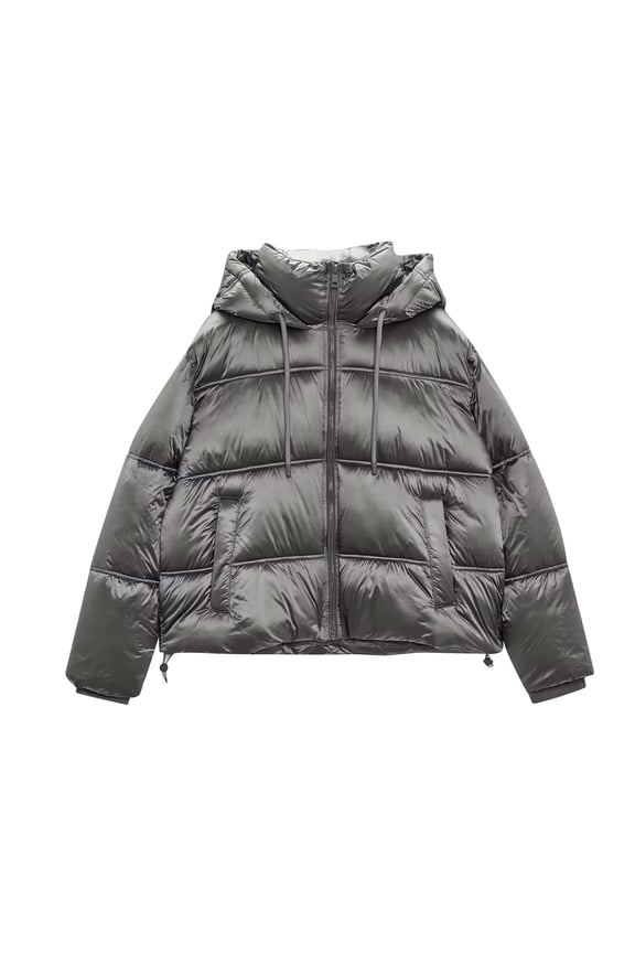 Womens Warm Winter Coats Fashion 2024 Long Sleeve Cropped Puffer Jacket Winter Shiny Zip Up Short Bubble Puffy Coats
