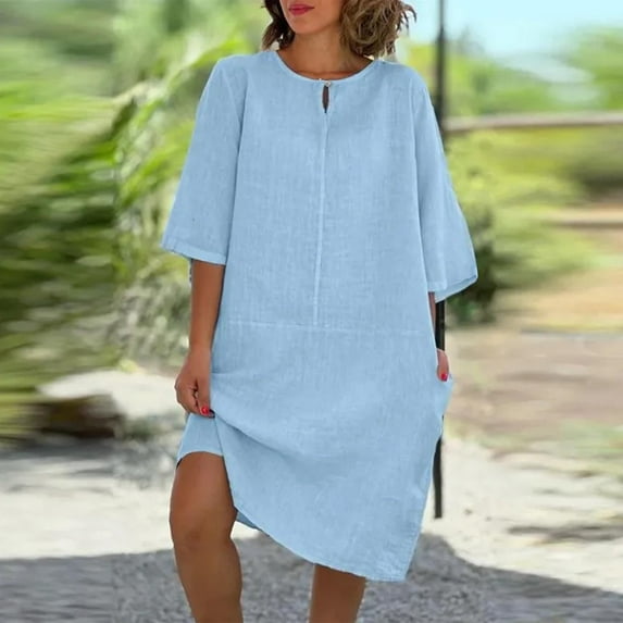 ZHUGeLI casual dresses for women Women's Summer Casual Style Solid Color Imitation Cotton Linen Round Neck Dress Casual Semi-Formal Fit and Flare Church Wedding Guest Work Dresses