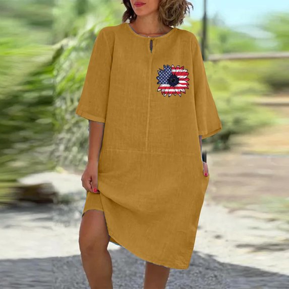 ZHUGeLI dresses for women 2024 Women's Summer Casual Style Solid Color Imitation Cotton Linen Round Neck Dress Tiered Ruffle Boho Swing Dresses