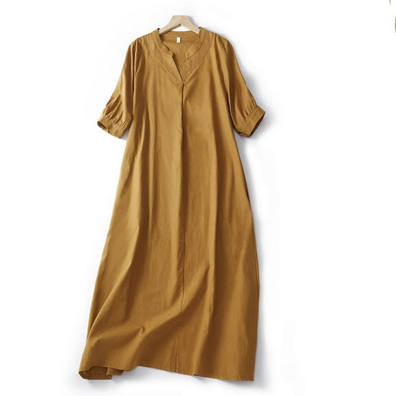 ZHUGeLI summer dresses for women 2024 Women's Casual Color V-Neck Loose Fitting Dress Short Sleeve Ruffle Hem Split Beach Midi Dresses