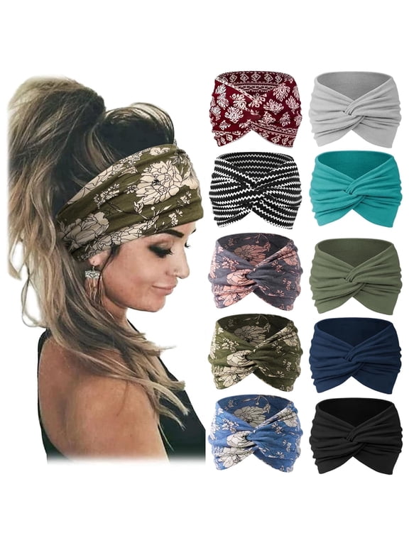 10 PCS Wide Headbands for Women-Women Headbands African Wide Hair Wrap Extra Turban Head Bands for Lady Large Sport Workout Stretch Non-slip Big Hair Bands
