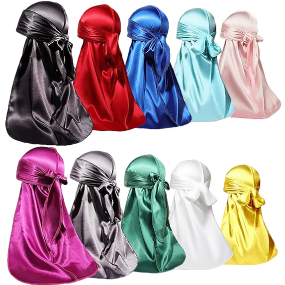 ZHUYING 10 Pieces Silky Durags Long Tail for Women Men Satin Durag 360 ...