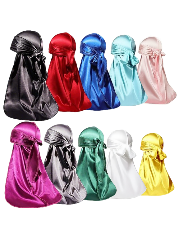 10 Pieces Silky Durags Long Tail for Women Men Satin Durag 360 Wave,Dorag, 10 Pieces