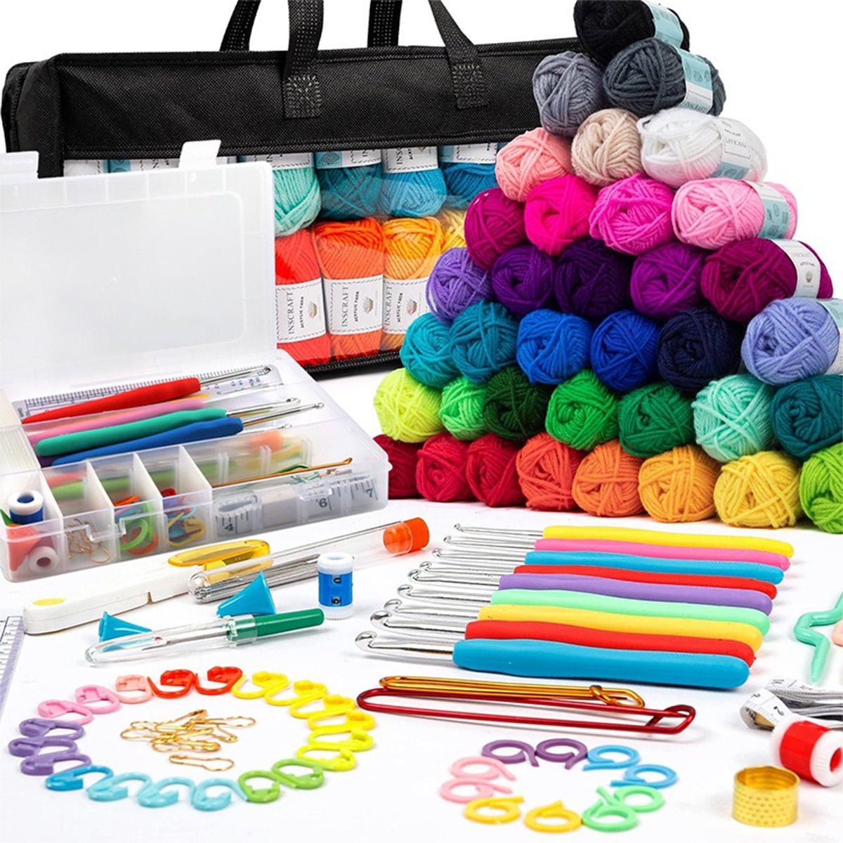 ZHUYING 113 Piece Crochet with Yarn Set–1600 Yards Assorted Yarn 73PCS Crochet Accessories Set Including Ergonomic Hooks, Knitting Needles & More Ideal Beginner Kit