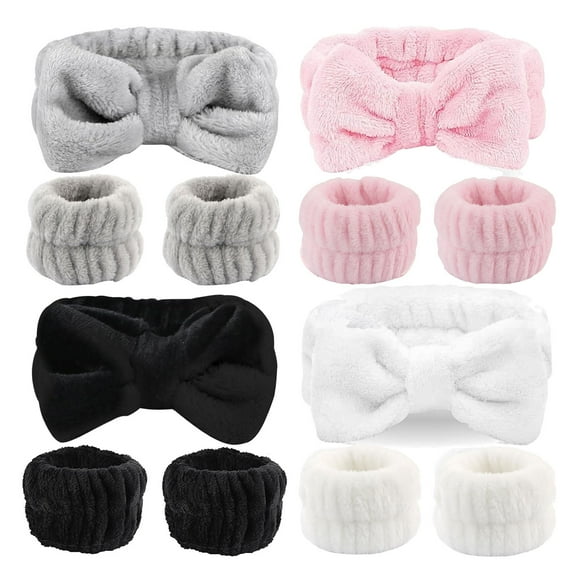 ZHUYING 12 PCS Face Wash Headband Wristband Set for Women Girls, Soft Microfiber Facial Spa Hair Wraps Makeup Skincare Bath Headbands Wrist Bands for Washing Face（White, Pink, Gray, Black）