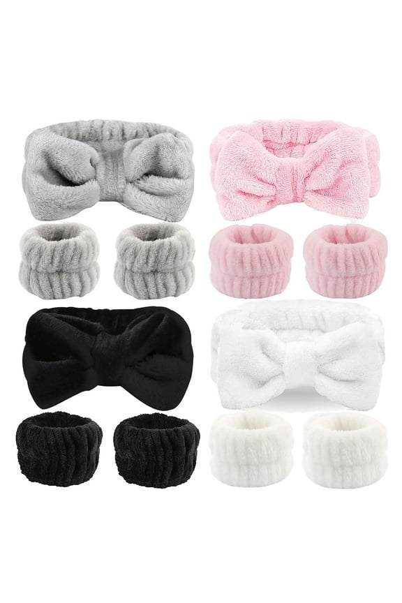 12 PCS Face Wash Headband Wristband Set for Women Girls, Soft Microfiber Facial Spa Hair Wraps Makeup Skincare Bath Headbands Wrist Bands for Washing FaceWhite, Pink, Gray, Black