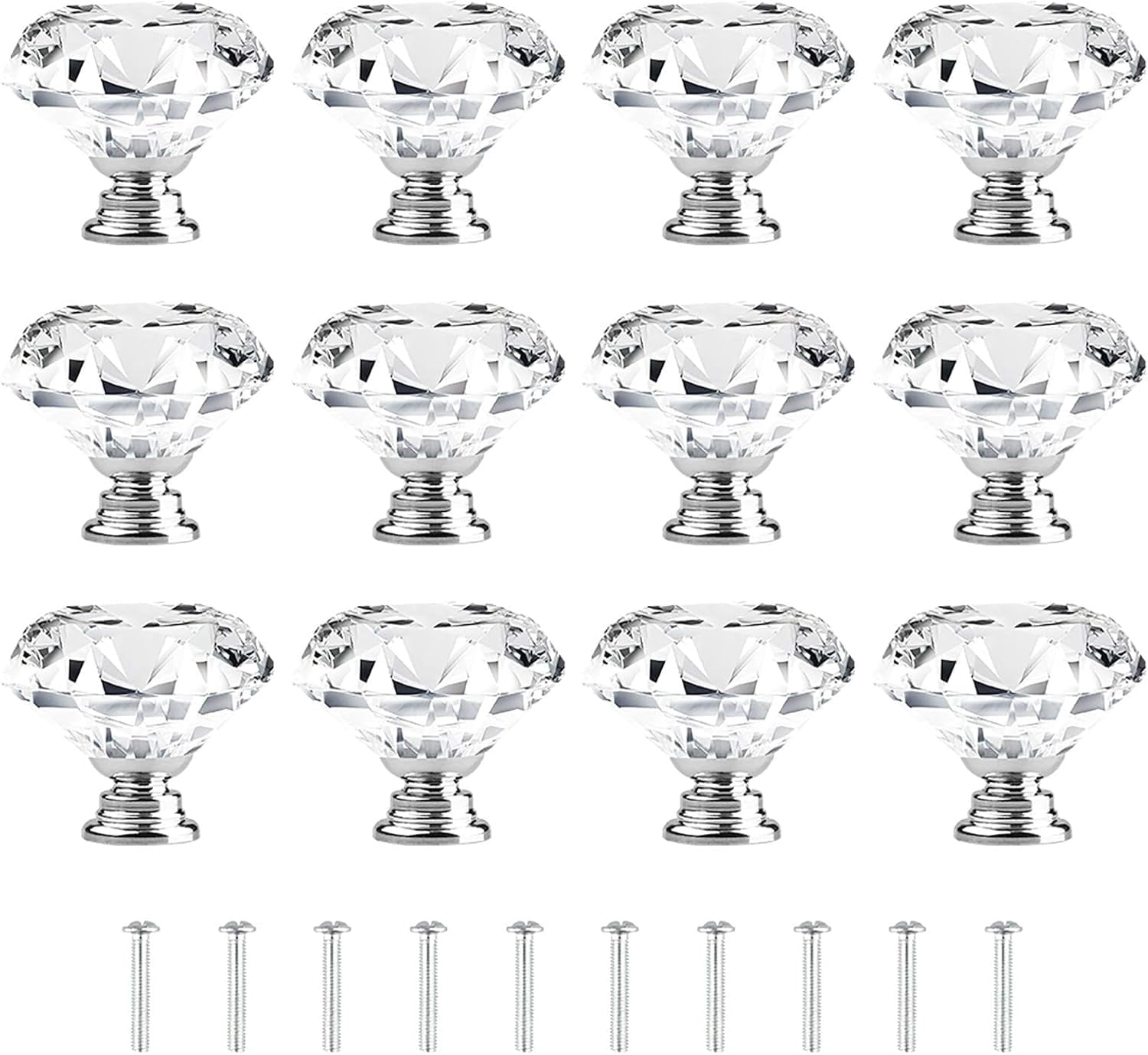 ZHUYING 12 pack Drawer Knobs Diamond Shaped Crystal Glass 30mm Cabinet Knobs Pull Handles (Silver)