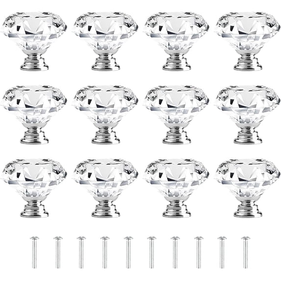ZHUYING 12 pack Drawer Knobs Diamond Shaped Crystal Glass 30mm Cabinet Knobs Pull Handles (Silver)