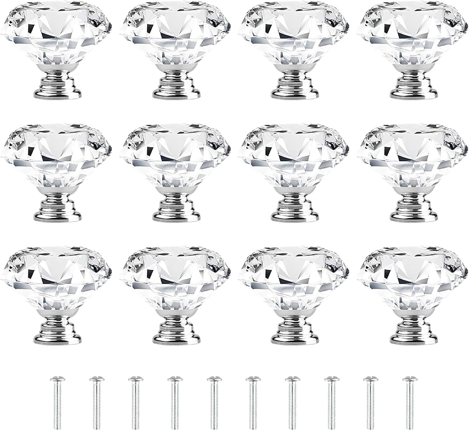 ZHUYING 12 Pack Drawer Knobs Diamond Shaped Crystal Glass 30mm Cabinet Knobs Pull Handles (Silver)