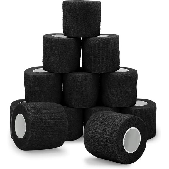 ZHUYING 12 Pack Self Adherent Cohesive Wrap Bandages, 2 Inches x 5 Yards, First Aid Tape, Elastic Self Adhesive Tape, Athletic, Sports wrap Tape, Bandage Wrap for Sports, Wrist - Black
