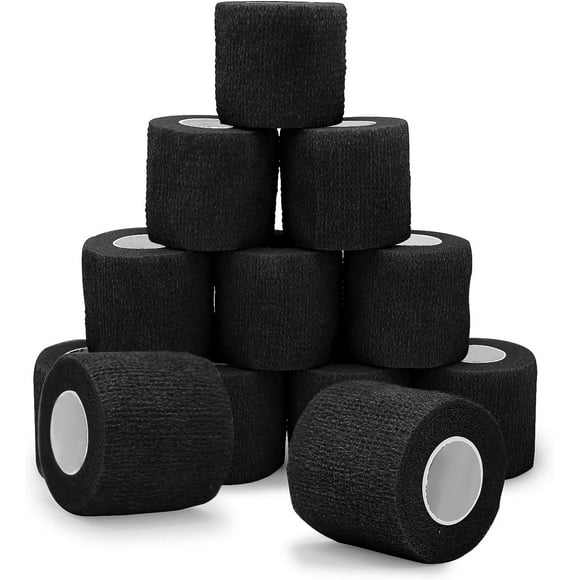 ZHUYING 12 Pack Self Adherent Cohesive Wrap Bandages, 2 Inches x 5 Yards, First Aid Tape, Elastic Self Adhesive Tape, Athletic, Sports wrap Tape, Bandage Wrap for Sports, Wrist - Black