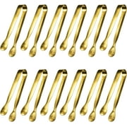ZHUYING 12 Pcs Serving Tongs, Small Serving Utensils for Parties Catering Gold Tongs, Food-Grade 304 Stainless Steel Mini Appetizer Tongs for Tea Party Coffee Bar, 4" Sugar Tongs - Gold