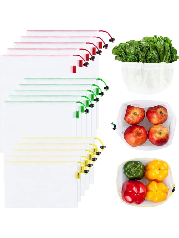 18 Pack Reusable Produce Mesh Bags for Grocery Shopping,Fruits,Vegetable, 3 Sizes Washable Produce Bags with Colorful Drawstring Tare Weight Tags, 6 Small 6 Medium & 6 Large,White