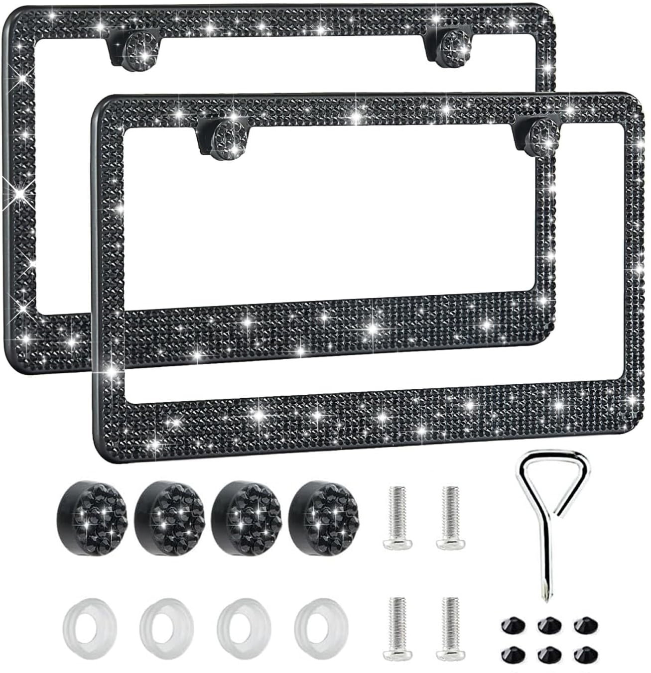 ZHUYING 2 Pack Bling License Plate Frames for Women, Sparkly Rhinestone Diamond Car Accessories with Glitter Crystal Caps (Black)