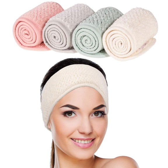 ZHUYING 4 Pack Spa Facial Headband Makeup Hair Wrap Adjustable Hair Band Soft Towel Head Band for Face Washing, Shower Sports Yoga (Pea Green, Pink, Beige, Light Gray)