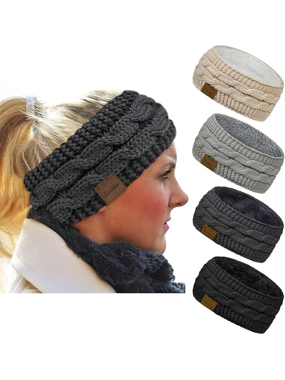 4PCS Winter Headbands for Women, Ear Warmer Headband Womens Cable Knit Fleece Lined Ear Warmers Stocking Stuffers Gifts
