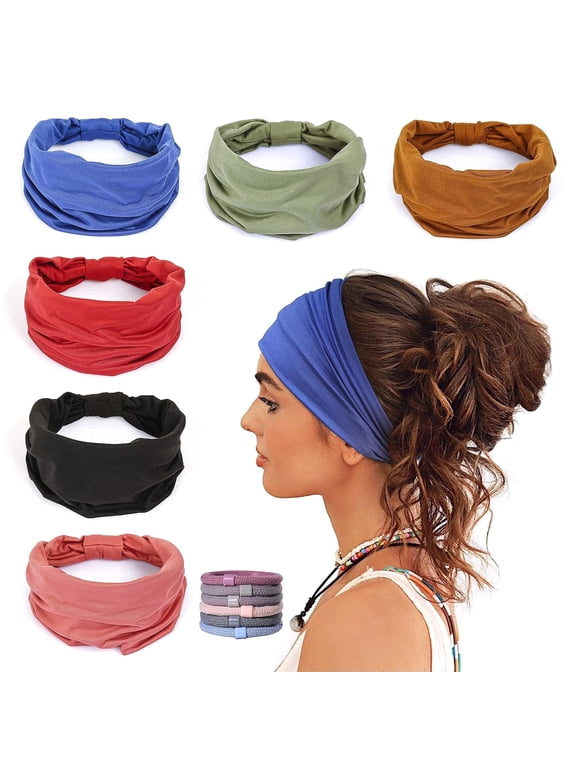 6 Pack Wide Headbands for Women Non Slip Soft Elastic Hair Bands Yoga Running Sports Workout Gym Head Wraps, Knotted Cotton Cloth African Turbans Bandana (with 6 Pcs Hair Ties)