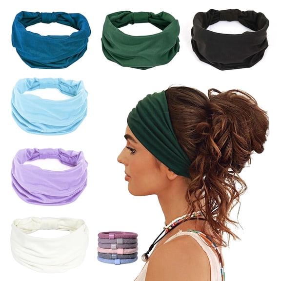 ZHUYING 6 Pack Wide Headbands for Women Non Slip Soft Elastic Hair Bands Yoga Running Sports Workout Gym Head Wraps, Knotted Cotton Cloth African Turbans Bandana (with 6 Pcs Hair Ties)