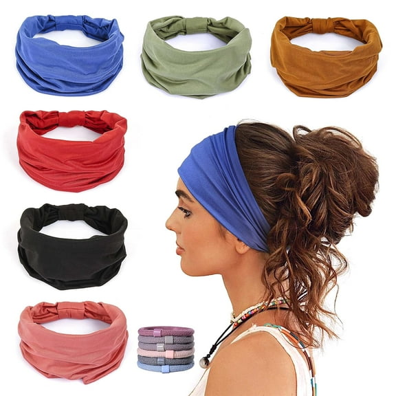 ZHUYING 6 Pack Wide Headbands for Women Non Slip Soft Elastic Hair Bands Yoga Running Sports Workout Gym Head Wraps, Knotted Cotton Cloth African Turbans Bandana (with 6 Pcs Hair Ties)