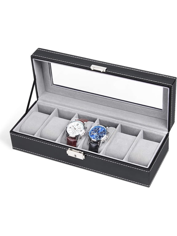 6 Slots Watch Box Organizer for Men, Black Watch Holder Stand Display Storage Case