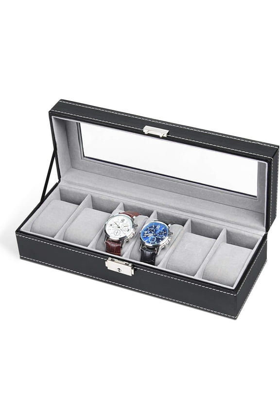6 Slots Watch Box Organizer for Men, Black Watch Holder Stand Display Storage Case