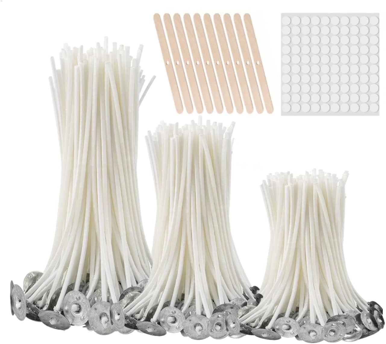 ZHUYING Candle Wicks 50Pcs 3.5 inch ,50Pcs 6 inch ,50Pcs 8 inch with 30Pcs Candle Wick Stickers and 10 Pcs Wooden Candle Wick Centering Device for Soy Beeswax Candle Making and Candle DIY