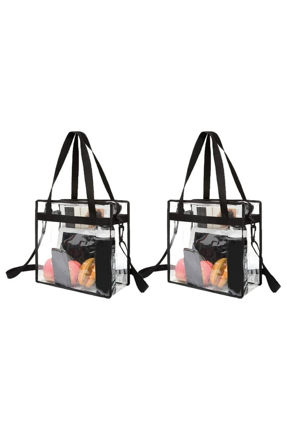 Clear Tote Crossbody Messenger Bag Stadium Approved Zipper Closure, Black, 2-Piece