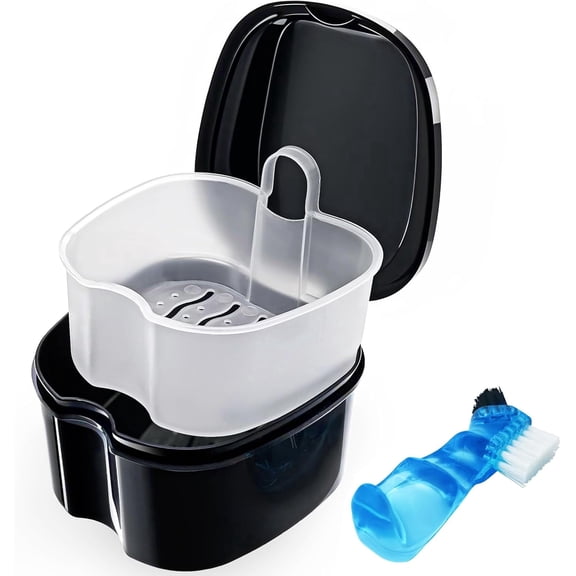 ZHUYING Denture Soaking Container Partial Denture Case, Orthodontic Retainer Cleaning Case Denture Cleaner Container Dentures Teeth Cup with Strainer and Lid Waterproof