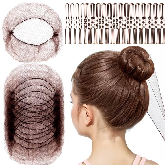 ZHUYING Hair Net for Kids, Invisible Hair Nets 50PCS with U Shaped Bobby Pins 50PCS,50cm Hair Nets for Buns, Bun Hair Nets for Ballet Girls Hair Accessories Set for Hair Styling,Women,Girls-Brown