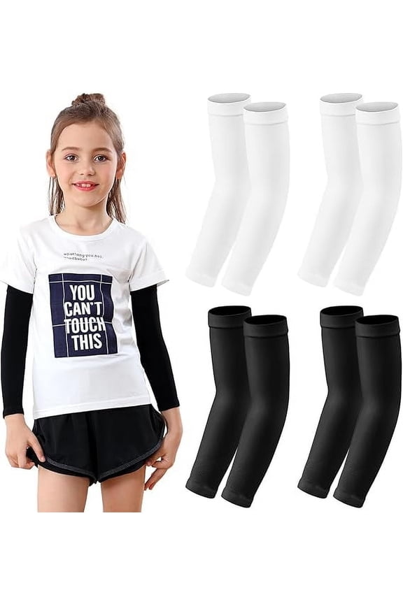 Kid Arm Sleeve 4 Pairs, Compression Arm Sleeve for Basketball Football Baseball Volleyball Youth Boy Girl Sports