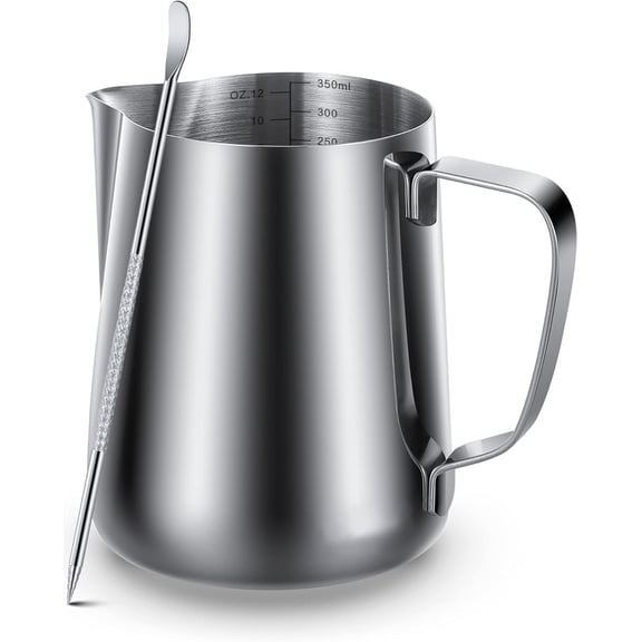 ZHUYING Milk Frothing Pitcher 350ml Steaming Pitchers Stainless Steel Milk/Coffee/Cappuccino/Latte Art Barista Steam Pitchers Milk Jug Cup with Art Pen,12oz