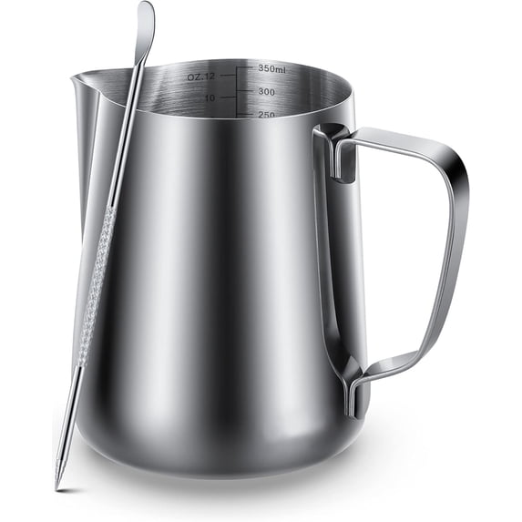 ZHUYING Milk Frothing Pitcher 350ml Steaming Pitchers Stainless Steel Milk/Coffee/Cappuccino/Latte Art Barista Steam Pitchers Milk Jug Cup with Art Pen,12oz