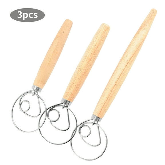 ZHUYING Pack of 3 Danish Dough Whisk Blender Dutch Bread Whisk Hook Wooden Hand Mixer Sourdough Baking Tools for Cake Bread Pizza Pastry Biscuits Tool Stainless Steel Ring 13.5 inches 0.22 lb/pcs…