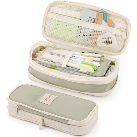 ZHUYING  Case, Large Capacity Aesthetic Cases with Durable Zipper, Big Stationery Pouch for Women & Men, Adults Portable Storage Organizer Bag for Office, Travel (Green)