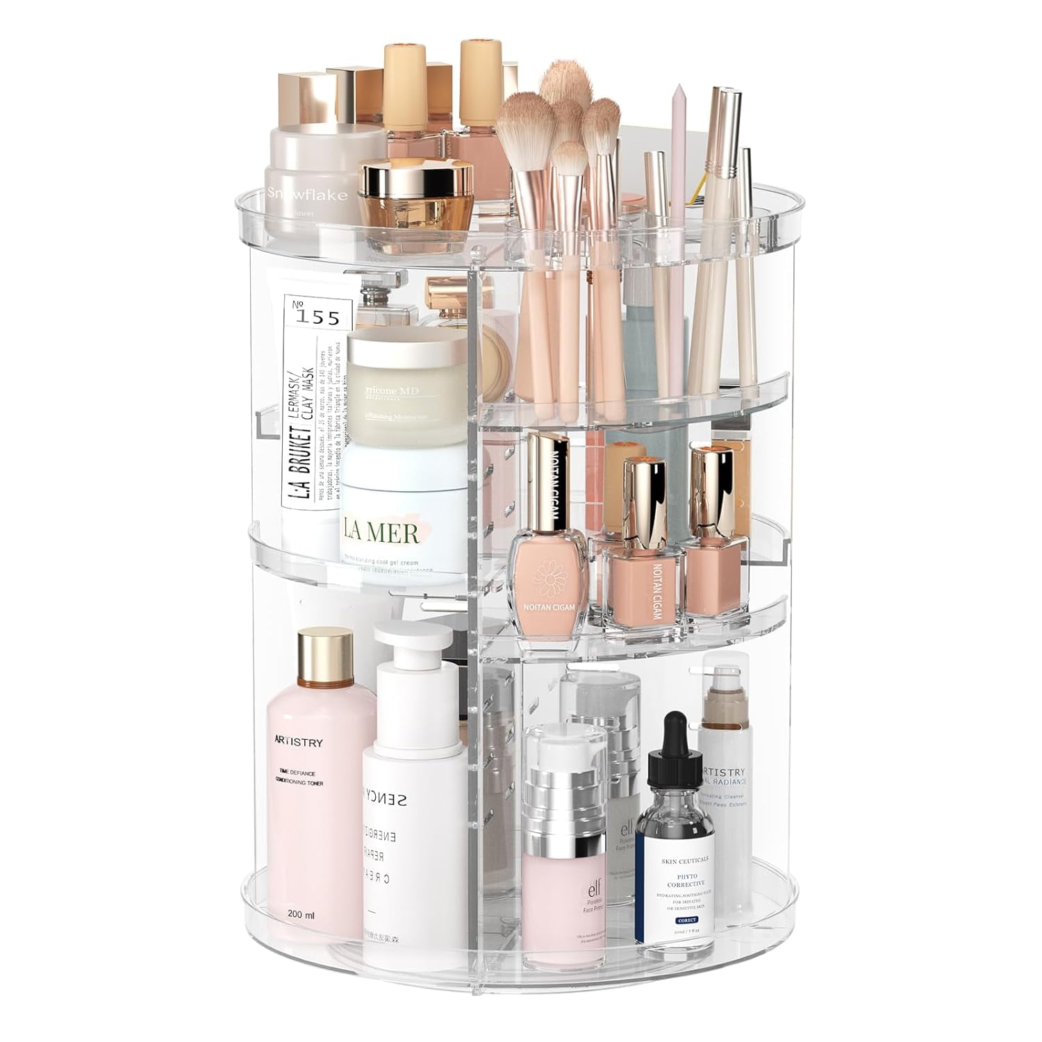 ZHUYING Rotating Makeup Organizer, DIY 8 Adjustable Layers Spinning Skincare Organizer, Cosmetic Display Case with Brush Holder Perfume Tray