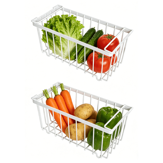 ZHUYZ 2pcs Carbon Steel Storage Bins with Handles, Deep Freezer Organizer Bins for Refrigerator, Freezer, Cabinet, Kitchen, Countertops, SmallFreezer, Stackable, White