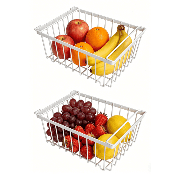 SpaceMuse 2pcs large Carbon Carbon Steel Storage Bins with Handles, Deep Freezer Organizer Bins for Refrigerator, Freezer, Cabinet, Kitchen, Countertops, SmallFreezer, Stackable, White