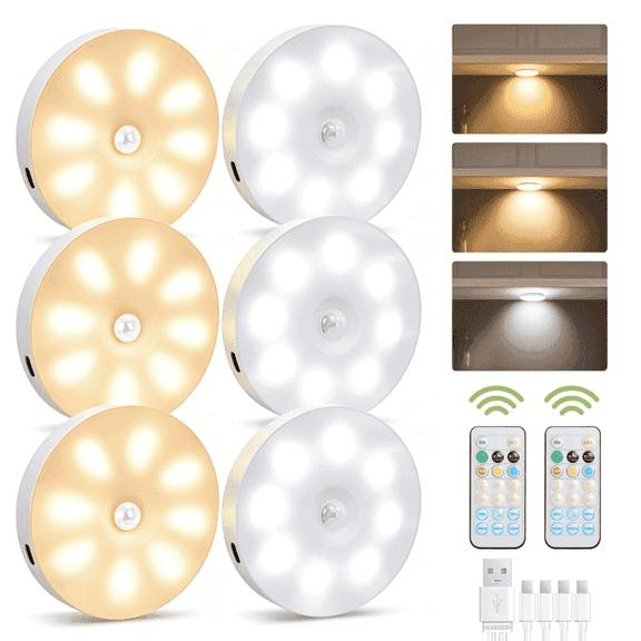 SpaceMuse Under Cabinet Lighting, 6-Pack Rechargeable Puck Lights with 2 Remotes, 3 Color Modes & Magnetic Installation, Suitable for Closet Cabinet