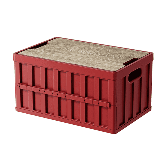 SpaceMuse Camping Storage Box, 50L Foldable Bin with Pine Wood Lid, Collapsible Folding Crate Easy to Disassemble Plastic Storage Crates for Outdoor Activities, Camping, Car Trunk, Red