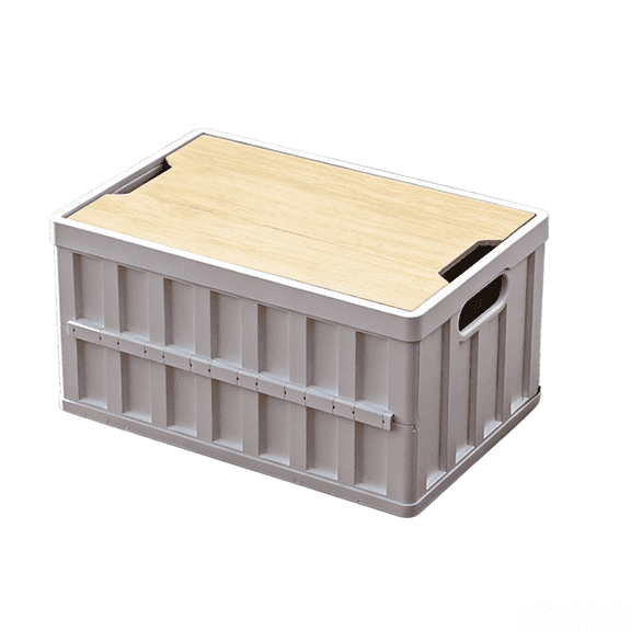 ZHUYZ Camping Storage Box, 50L Foldable Bin with Pine Wood Lid, Collapsible Folding Crate Easy to Disassemble Plastic Storage Crates for Outdoor Activities, Camping, Car trunk, White