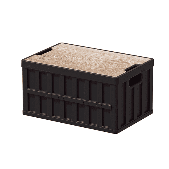 SpaceMuse Camping Storage Box, 50L Foldable Bin with Pine Wood Lid, Collapsible Folding Crate Easy to Disassemble Plastic Storage Crates for Outdoor Activities, Camping, Car Trunk, Black