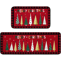 ZHUYZ Christmas Kitchen Rugs Set of 2, Christmas Rugs for Kitchen, Buffalo Plaid Xmas Tree Merry Christmas Kitchen Mats, Winter Home Decor Low-Profile Kitchen Rugs 15.7x31.4 15.7x47.2 Inch（Red）