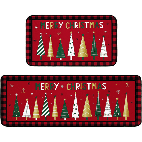 ZHUYZ Christmas Kitchen Rugs Set of 2, Christmas Rugs for Kitchen, Buffalo Plaid Xmas Tree Merry Christmas Kitchen Mats, Winter Home Decor Low-Profile Kitchen Rugs 15.7x31.4+15.7x47.2 Inch（Red）