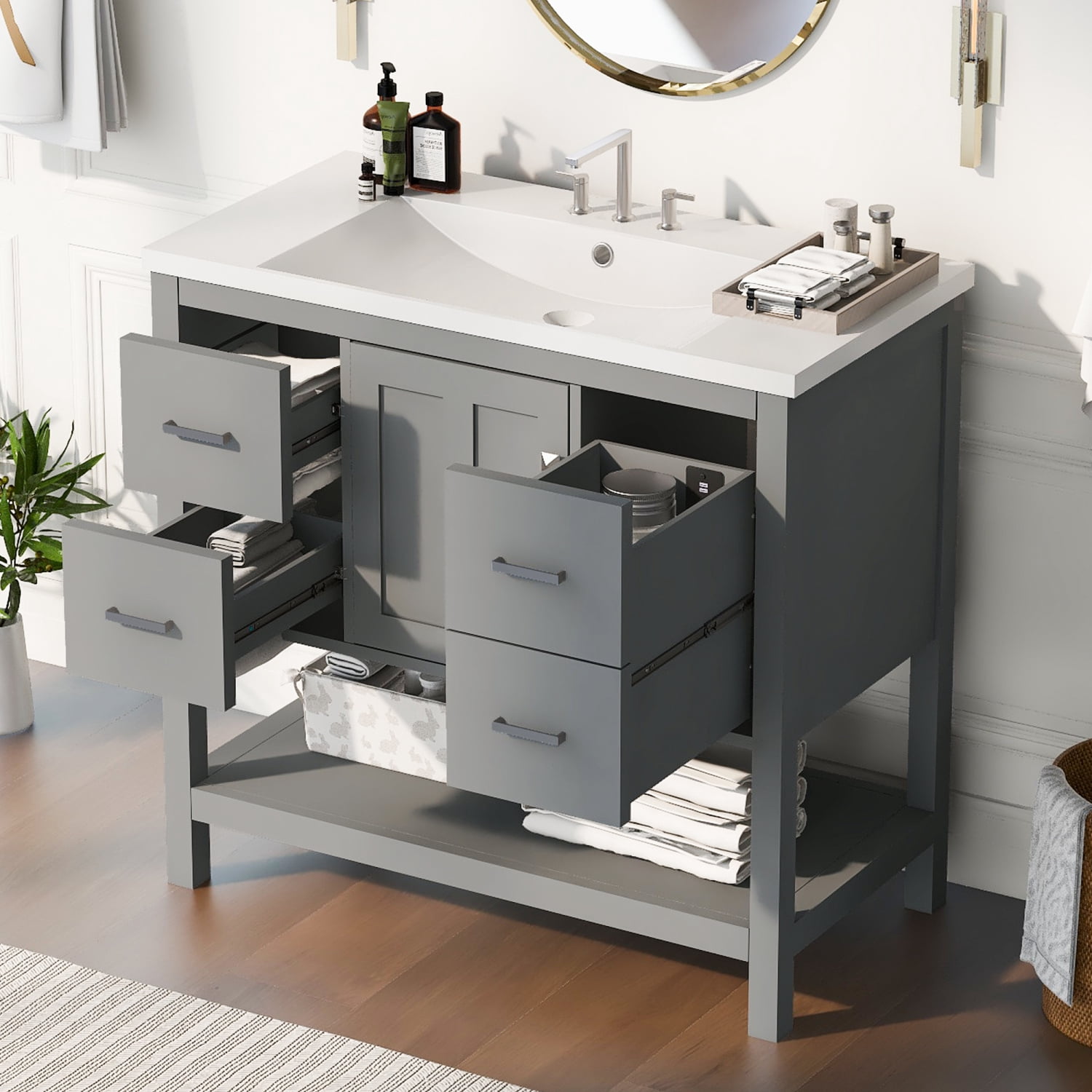 ZHYNGTNG 36” Gray Modern Bathroom Vanity with USB Two Shallow Drawers ...