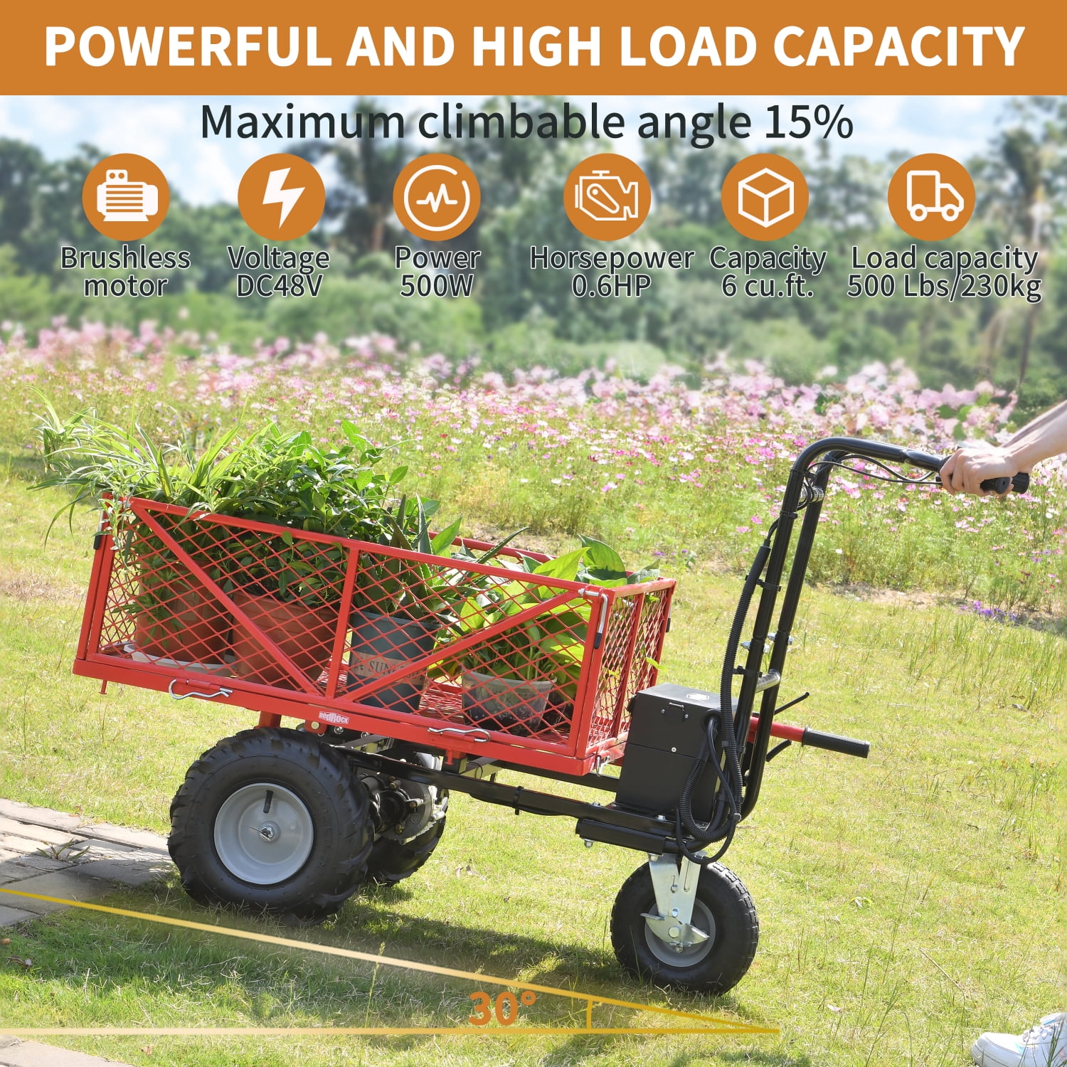 ZHYNGTNG Wheelbarrow Utility Cart Electric Powered Cart 48V28Ah 500W Capacity 500lbs (230kg) Material Hauler 1000lbs Towing