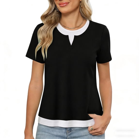 ZHYou 2 in 1 Layered Short Sleeve T Shirts for Women Casual Loose Fit Crew Neck Color Block Summer Tops Black XL