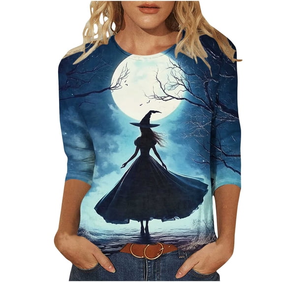ZHYou 3/4 Sleeve Halloween Printed Shirts for Women Casual Loose Fit Soft Comfy Womens Tops,Multicolor,Size 4XL