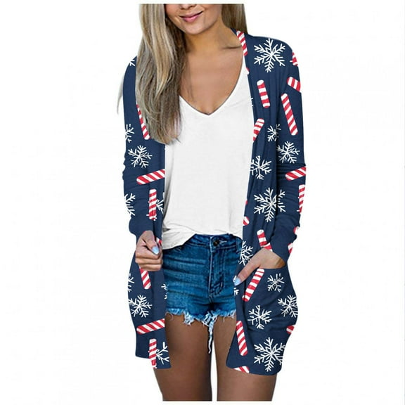 ZHYou Black Long Sleeve Cardigans with Snowflake & Candy Cane Print for Women Perfect for Christmas Casual Wear‌,Size:S,M,L,XL,2XL