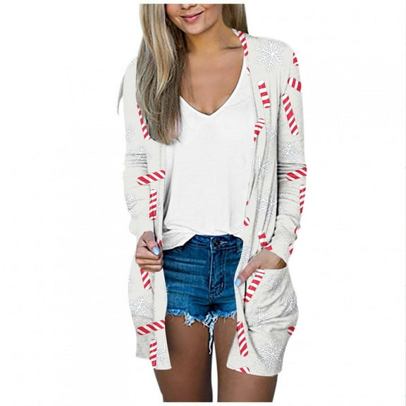 ZHYou Black Long Sleeve Cardigans with Snowflake & Candy Cane Print for Women Perfect for Christmas Casual Wear‌,Size:S,M,L,XL,2XL